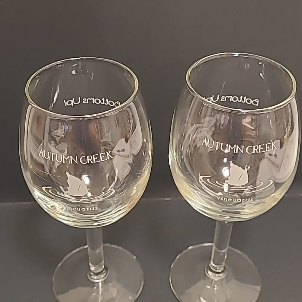 Pair of Autumn Creek Vineyards, Bottoms Up Wine Glasses